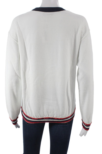 Harvey Faircloth Women Pullover Sweatshirt White Striped Crew Neck Size M