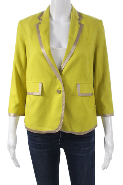 Robert Rodriguez Womens Silk Yellow Blazer Collared Button 3/4 Sleeve Size 2