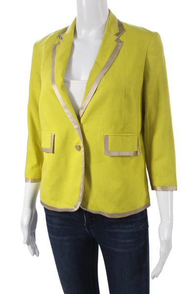 Robert Rodriguez Womens Silk Yellow Blazer Collared Button 3/4 Sleeve Size 2