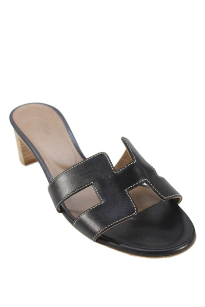 Hermes Womens Leather Open Toe Oasis  Sandal Black Size 8.5