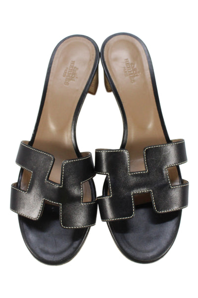 Hermes Womens Leather Open Toe Oasis  Sandal Black Size 8.5