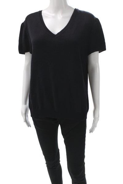 St. John Women Basic V-Neck Black Cotton Polyester T-Shirt Short Sleeve Size XL