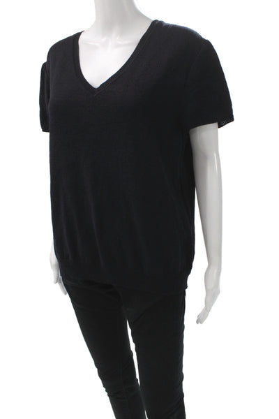 St. John Women Basic V-Neck Black Cotton Polyester T-Shirt Short Sleeve Size XL