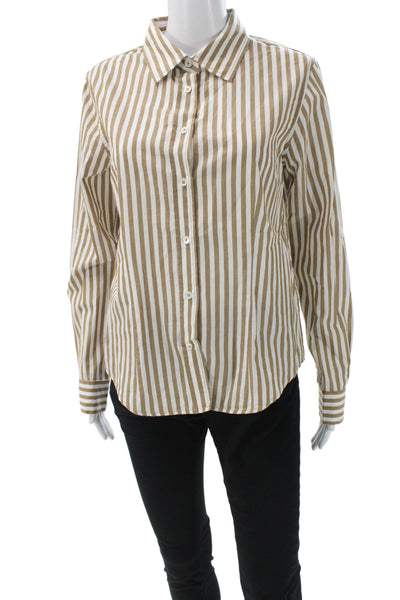Lilla P Womens Striped Collared Button-Up Long Sleeve Tan Cotton Size M