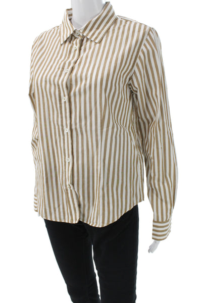 Lilla P Womens Striped Collared Button-Up Long Sleeve Tan Cotton Size M