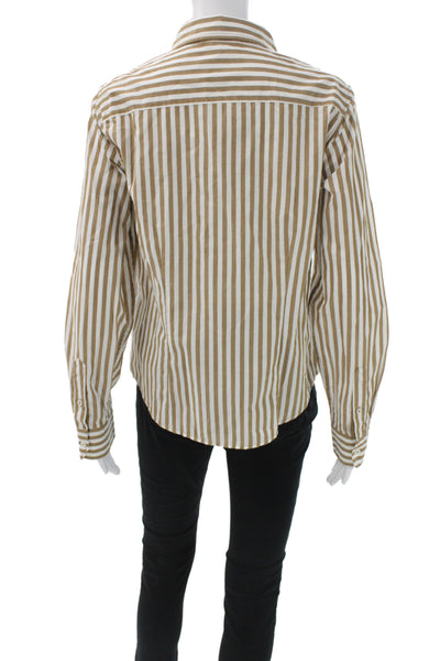 Lilla P Womens Striped Collared Button-Up Long Sleeve Tan Cotton Size M