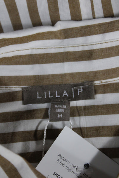 Lilla P Womens Striped Collared Button-Up Long Sleeve Tan Cotton Size M