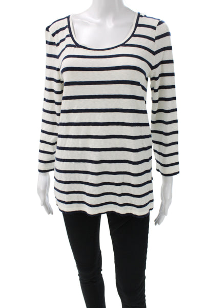 J Crew Women Striped Nautical Jersey T-Shirt White Round Neck 3/4 Sleeve Size L