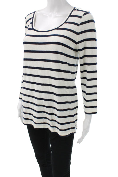J Crew Women Striped Nautical Jersey T-Shirt White Round Neck 3/4 Sleeve Size L