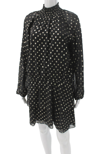 Yumi Kim Women Blouson Mini Dress Black Polka Dot High Neck Long Sleeve Size M