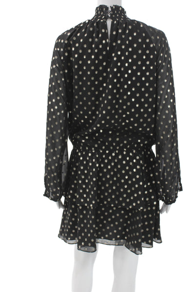 Yumi Kim Women Blouson Mini Dress Black Polka Dot High Neck Long Sleeve Size M
