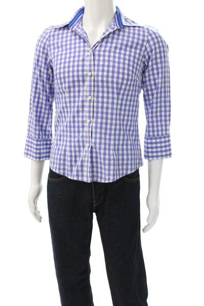 J. Mclaughlin Mens Spread Cotton Check Button Up 3/4 Sleeve Blue Size 6