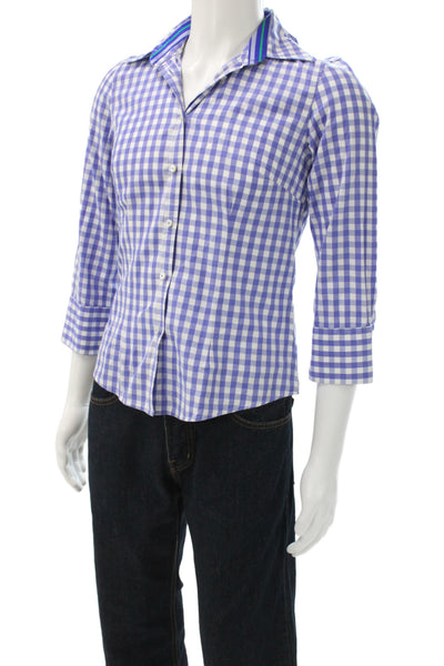J. Mclaughlin Mens Spread Cotton Check Button Up 3/4 Sleeve Blue Size 6