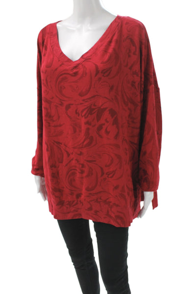 Athleta Womens Red Paisley V-Neck Tunic Sweater Long Sleeve Size 2X