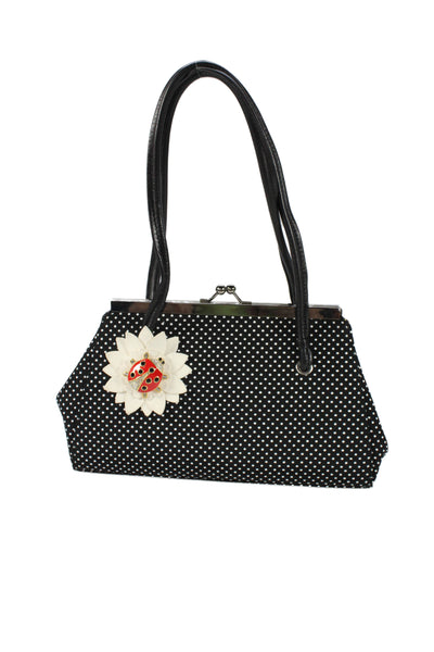 Ramon Tenza Womens Framed Kiss Lock Polka Dot Canvas Ladybug Handbag Black White