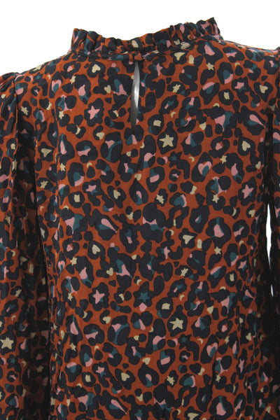 WYSE London Womens Black Leopard High Neck Viscose Blouse Long Sleeve Size 0