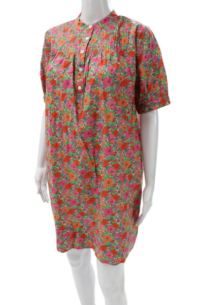 J Crew Women Green Floral Cotton Shirt Dress Crew Neck Short Sleeve Size XS