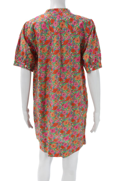 J Crew Women Green Floral Cotton Shirt Dress Crew Neck Short Sleeve Size XS