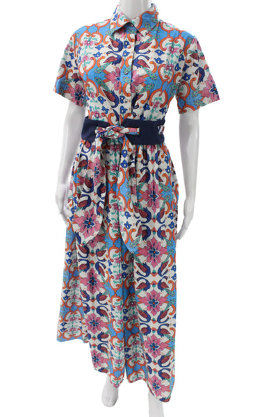 Beau & Ro Women Blue Floral Maxi Shirt Dress Collared Short Sleeve Size XS