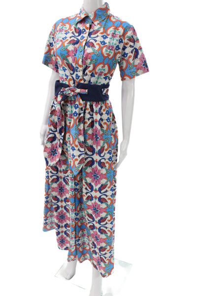 Beau & Ro Women Blue Floral Maxi Shirt Dress Collared Short Sleeve Size XS