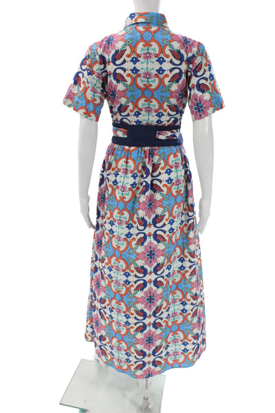 Beau & Ro Women Blue Floral Maxi Shirt Dress Collared Short Sleeve Size XS