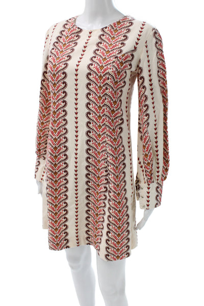 Antik Batik Women Beige Shift Dress Cotton Long Sleeve Mini Paisley Size XS