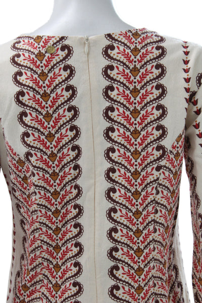 Antik Batik Women Beige Shift Dress Cotton Long Sleeve Mini Paisley Size XS