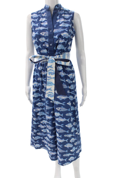 Beau & Ro Women Blue Cotton High Neck Sleeveless Shirt Dress Fish Graphic Size X