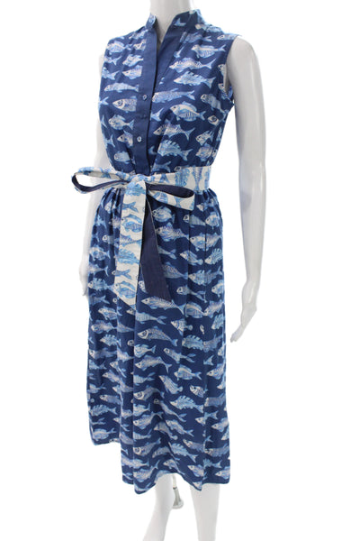 Beau & Ro Women Blue Cotton High Neck Sleeveless Shirt Dress Fish Graphic Size X