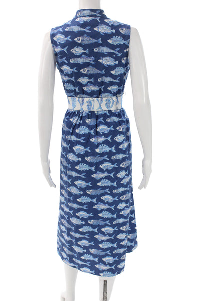 Beau & Ro Women Blue Cotton High Neck Sleeveless Shirt Dress Fish Graphic Size X