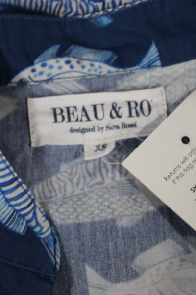 Beau & Ro Women Blue Cotton High Neck Sleeveless Shirt Dress Fish Graphic Size X