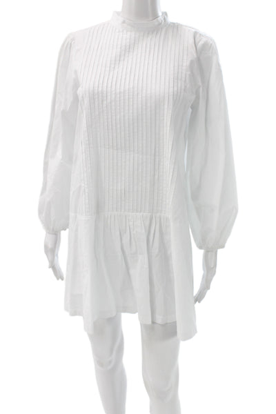 Zara Women White Cotton Shirt Dress Long Sleeve Mock Neck Zip Short Size XS