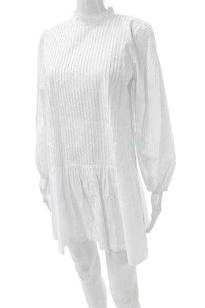 Zara Women White Cotton Shirt Dress Long Sleeve Mock Neck Zip Short Size XS