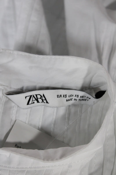 Zara Women White Cotton Shirt Dress Long Sleeve Mock Neck Zip Short Size XS