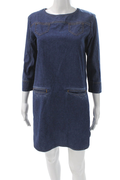 Soeur Women Shift Shirt Dress Dark Blue Denim Cotton Button 3/4 Sleeve Size S