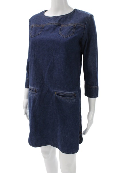 Soeur Women Shift Shirt Dress Dark Blue Denim Cotton Button 3/4 Sleeve Size S