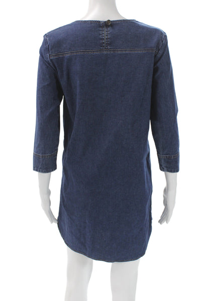 Soeur Women Shift Shirt Dress Dark Blue Denim Cotton Button 3/4 Sleeve Size S