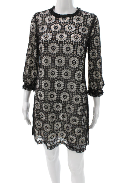 Thread Social Womens Shift Dress Black Lace Floral Knee 3/4 Sleeve Size 6