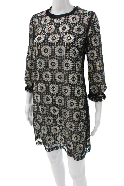 Thread Social Womens Shift Dress Black Lace Floral Knee 3/4 Sleeve Size 6