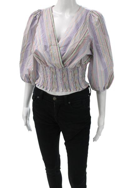 Zara Women Cropped Striped V-Neck 3/4 Sleeve Cotton Polyester Blouse Size S