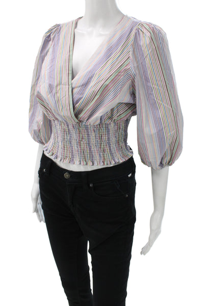 Zara Women Cropped Striped V-Neck 3/4 Sleeve Cotton Polyester Blouse Size S