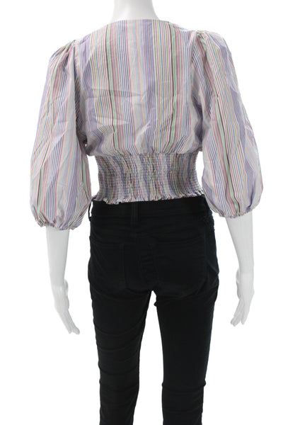 Zara Women Cropped Striped V-Neck 3/4 Sleeve Cotton Polyester Blouse Size S