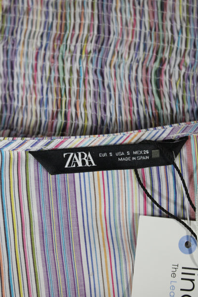 Zara Women Cropped Striped V-Neck 3/4 Sleeve Cotton Polyester Blouse Size S
