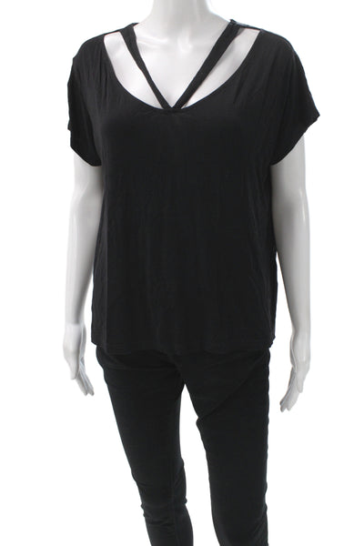 Chalk Women Black Cotton Spandex V-Neck Short Sleeve Basic T-Shirt Size M
