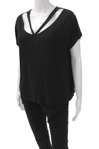 Chalk Women Black Cotton Spandex V-Neck Short Sleeve Basic T-Shirt Size M