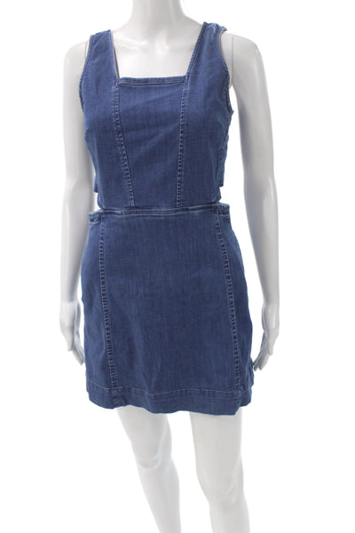 Madewell Women Overall Mini Dress Dark Blue Square Neck Sleeveless Size 2