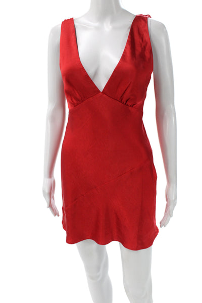 Meshki Women Slip Dress Red Satin V-Neck Zip Sleeveless Mini Size 2XS