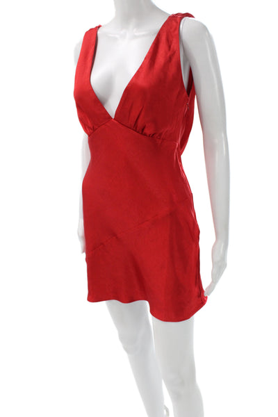 Meshki Women Slip Dress Red Satin V-Neck Zip Sleeveless Mini Size 2XS