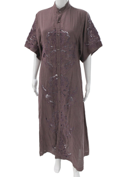 Flannel Womens Kaftan Maxi Brown High Neck Button Short Sleeve Size 1