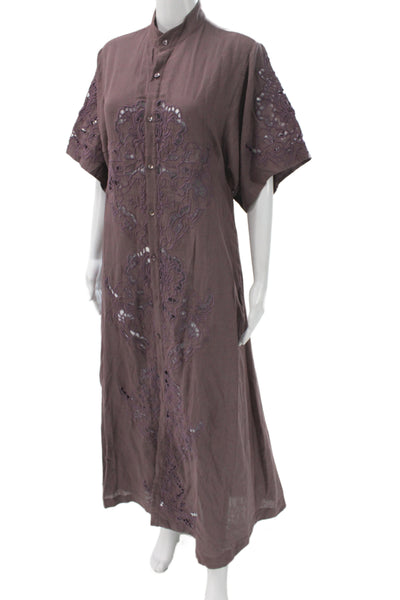 Flannel Womens Kaftan Maxi Brown High Neck Button Short Sleeve Size 1